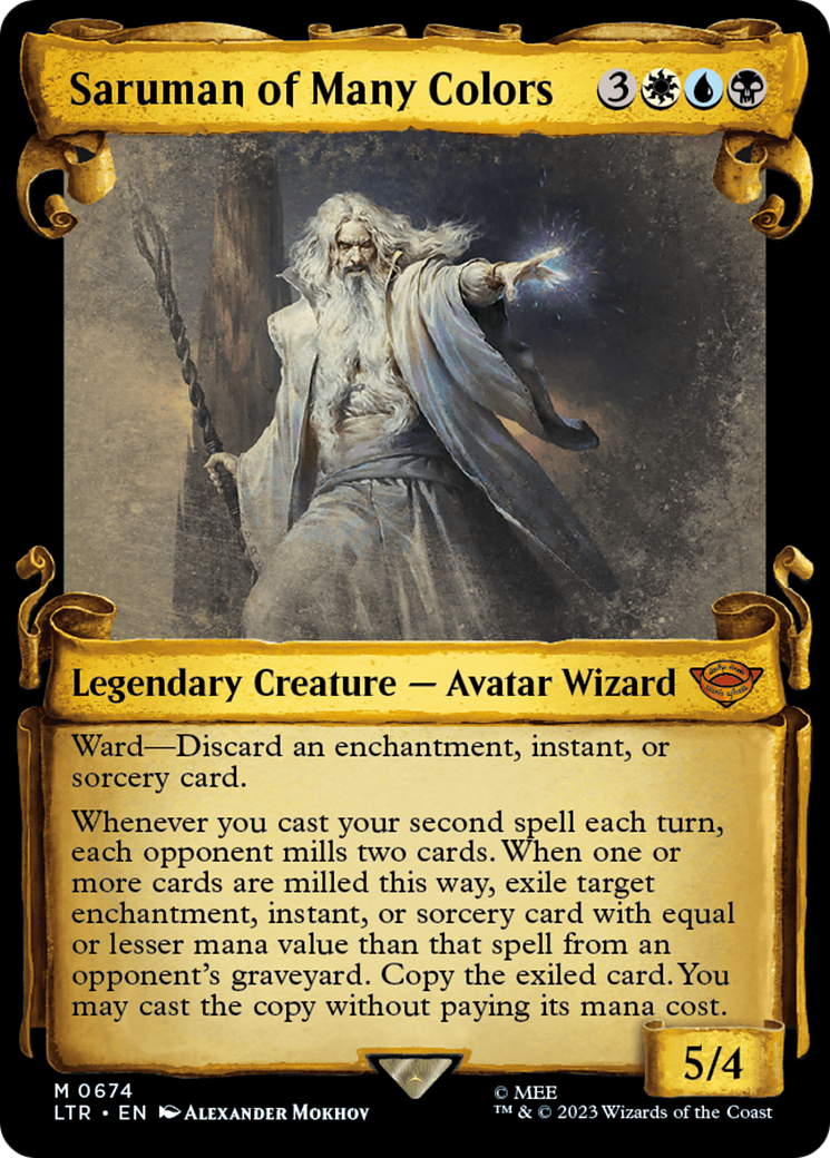 saruman cards mtg of Many Colors #0300 Foil from The Lord of the Rings: Tales of Middle-earth (LTR) Proxy create a 0/0 black Orc Army creature token first.) Over all his works a dark smoke hung and wrapped itself about the sides of Orthanc. Saruman of Many Colors