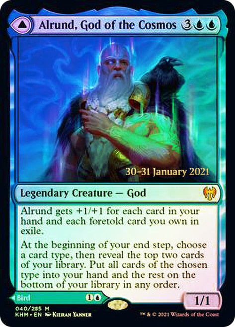 mtg kaldheim all cards Alrund, God of the Cosmos // Hakka, Whispering Raven [Kaldheim Prerele